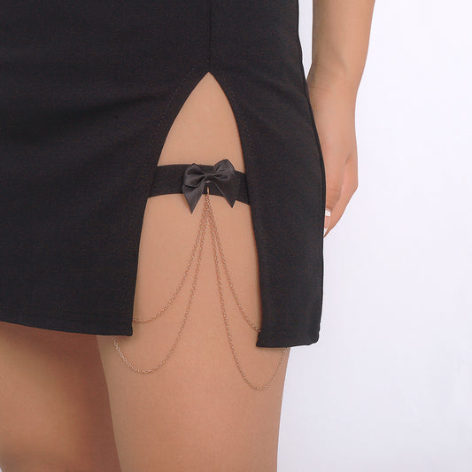 Chic Bow Tassel Leg Bracelet – Elastic Garter with Chain Accent